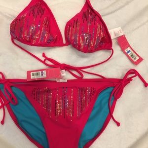 NWT Xhilaration Hot Pink Sequin Bikini; Size L/XL